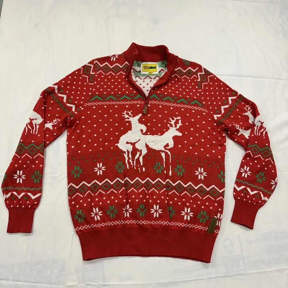 Tipsy Elves Ugly Christmas Sweater Men's XL Quarter Zip Red Green Naughty